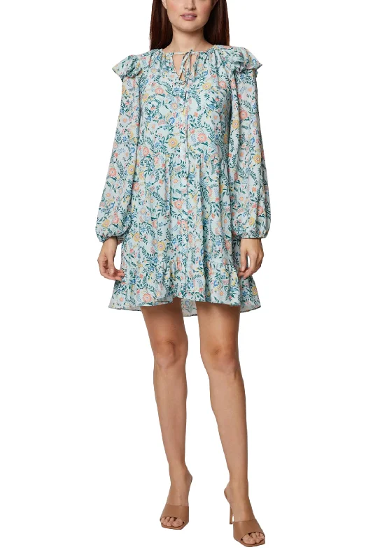 Prairie DressBCBG Generation Tie Neck Long Sleeve Ruffled Shoulder Multi Print Shift Crepe Dress