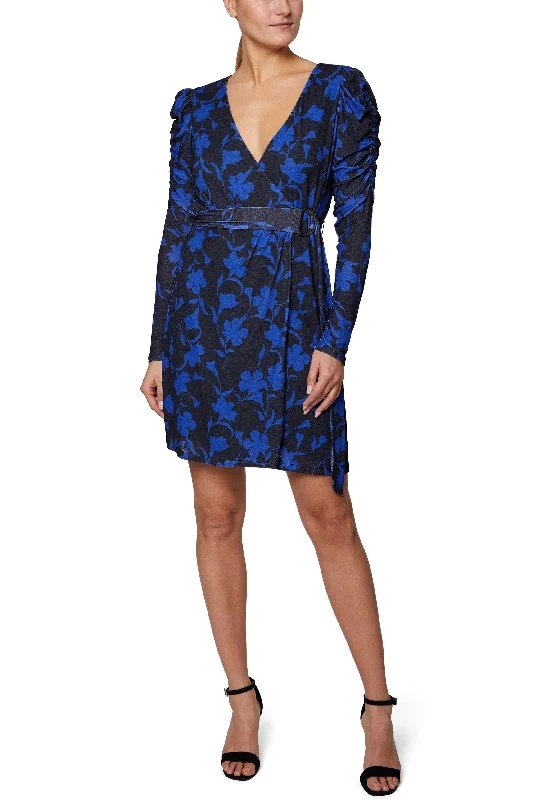 Shift DressLaundry V-Neck Ruched Long Sleeve Belted Multi Print Knit Dress