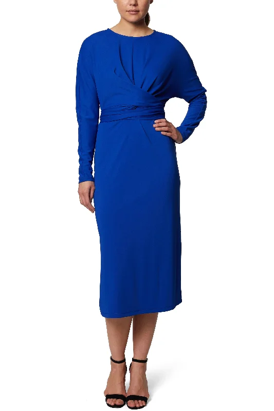 Spaghetti Strap DressLaundry Crew Neck Long Sleeve Ruched Tie Waist Solid Lux Matte Jersey Dress