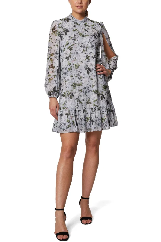 Off-the-shoulder DressLaundry Crew Neck Slit Long Sleeve Floral Print Zipper Back Ruffled Hem Chiffon Dress