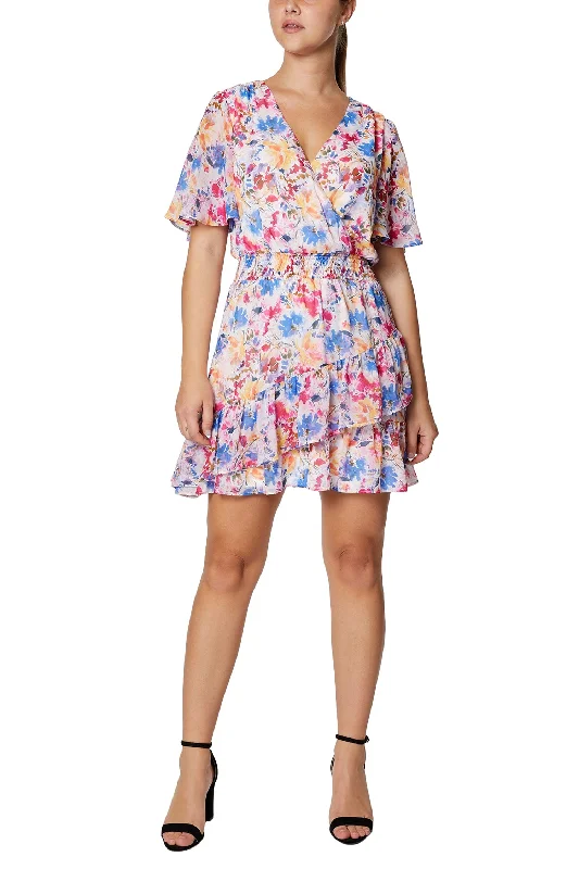 School DressLaundry V-Neck Short Sleeve Elastic Waist Asymmetrical Tiered Floral Print Linen Dress