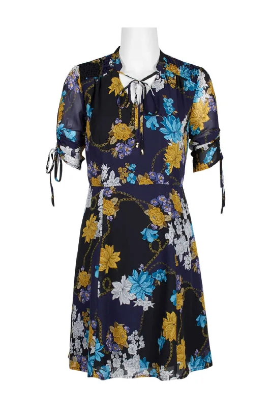 Military DressSharagano Madarin Collar Tie Neck Adjustable Sleeve Elastic Waist Floral Print Chiffon Dress