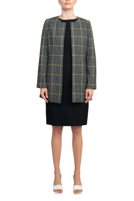 Modern DressLe Suit Boat Neck Sleeveless Zipper Back Crepe Dress with Crew Neck Long Sleeve Large Windowpane Pattern Jacket (Two Piece Set)