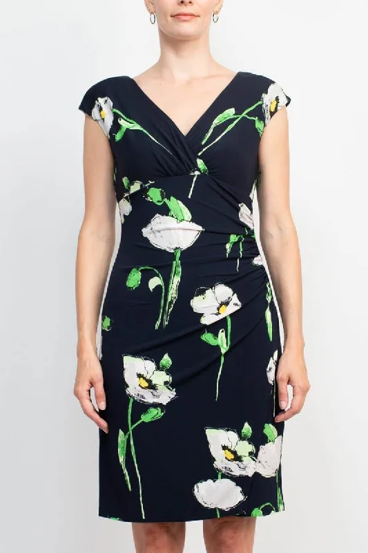 Satin DressCatherine Malandrino V-Neck Sleeveless Gathered Side Floral Print Jersey Dress