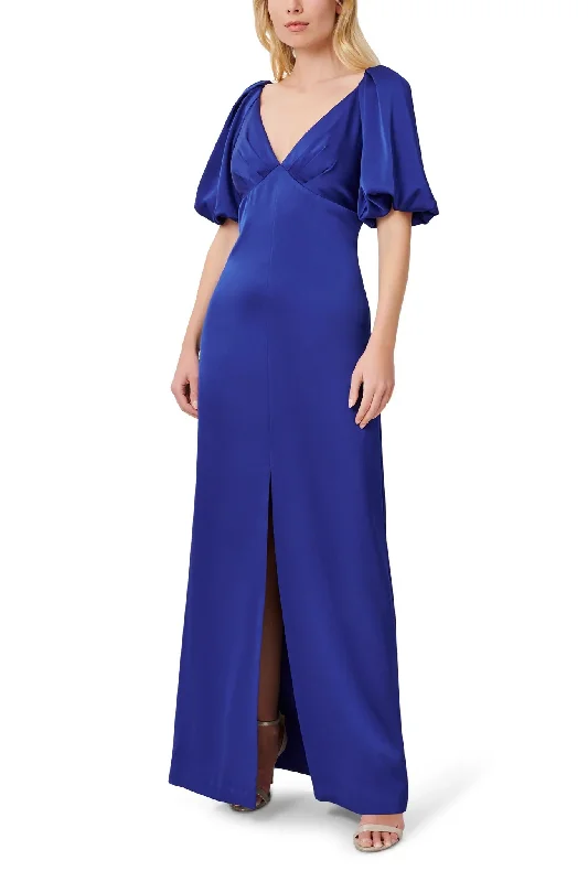 Cocktail DressAidan Mattox V- Neck Back Zipper Pleated Shoulders Short Sleeves Front Slit Opening Long Satin Dress