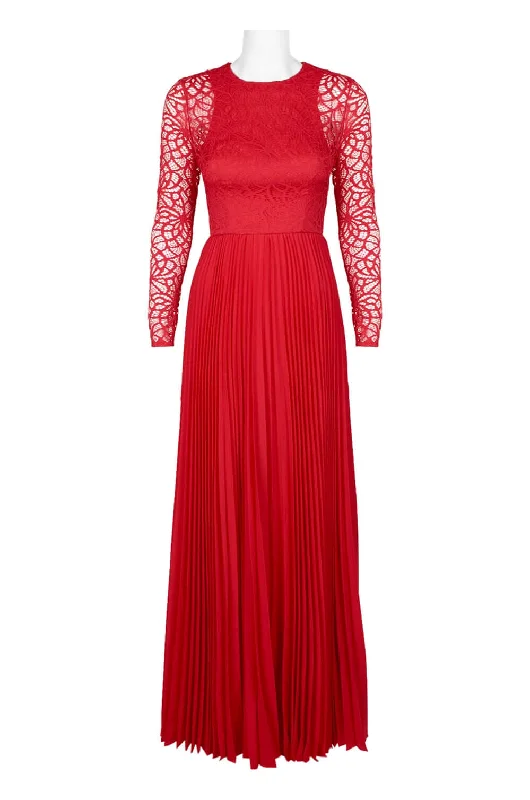 Geometric DressAidan by Aidan Mattox Crew Neck Long Sleeve Illusion Zipper Back Pleated Lace Polyester Dress