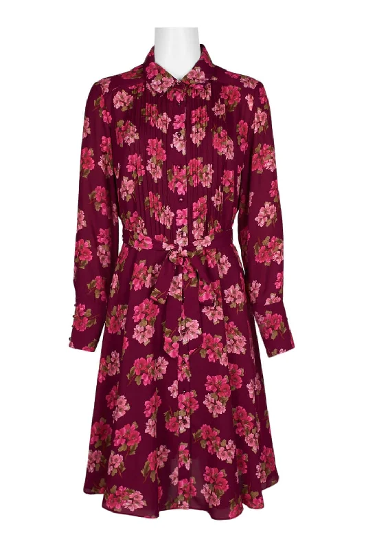 High-low DressNANETTE Nanette Lepore Collared Button Down Long Sleeve Tie Front Floral Print Polyester Dress