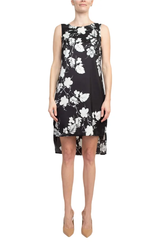 Floral DressPremise Boat Neck Sleeveless Floral Print High Low Hem Charmeuse Dress