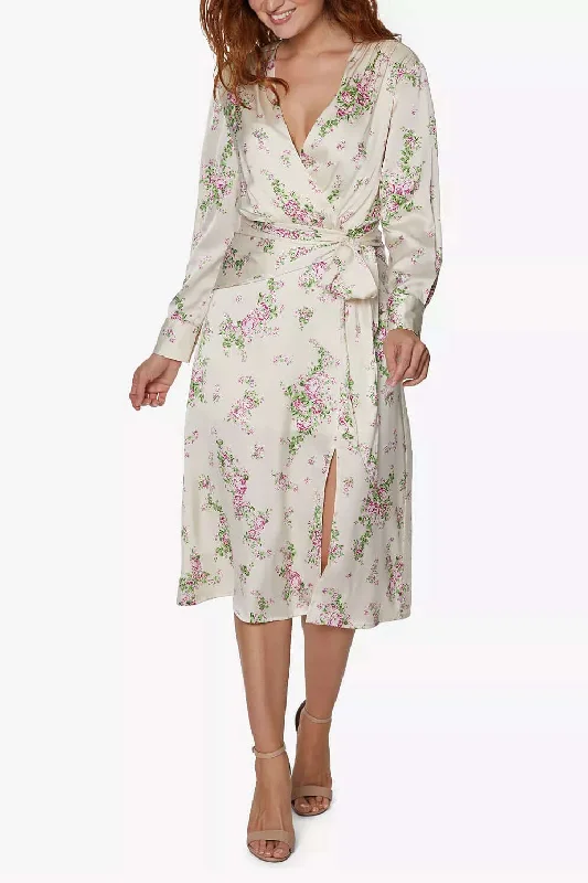 Crinoline DressSage Collective V-Neck Long Sleeve Tie Waist Zipper Back Slit Front Floral Print Chiffon Dress