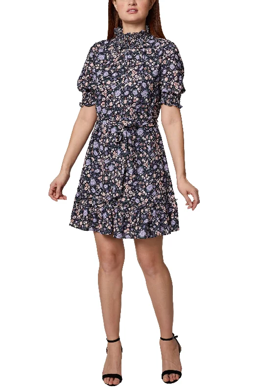 Tulle DressSage Collective Ruched High Neck Short Sleeve Tie Waist Floral Print Ruched Hem A Line Crepe Dress