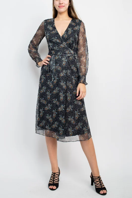 Leather DressSage Collective V-Neck Long Sleeve Tie Waist Paisley Print Power Mesh Dress