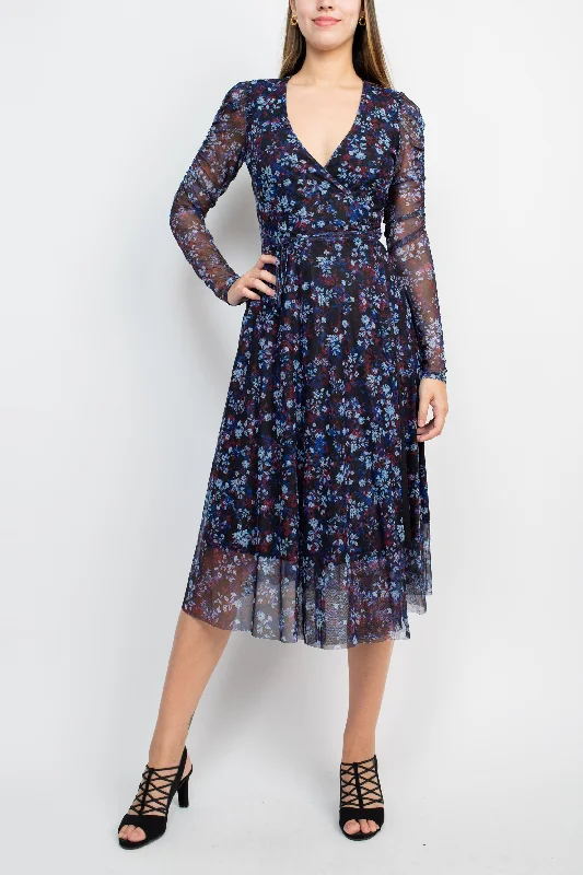 Empire Waist DressSage Collective V-Neck Long Sleeve Tie Waist Floral Print Power Mesh Dress