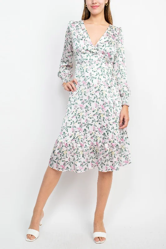 Tactical DressSage Collective V-Neck Tie Side Long Sleeve Ruffled Cuff And Sleeve Floral Print Satin Dress