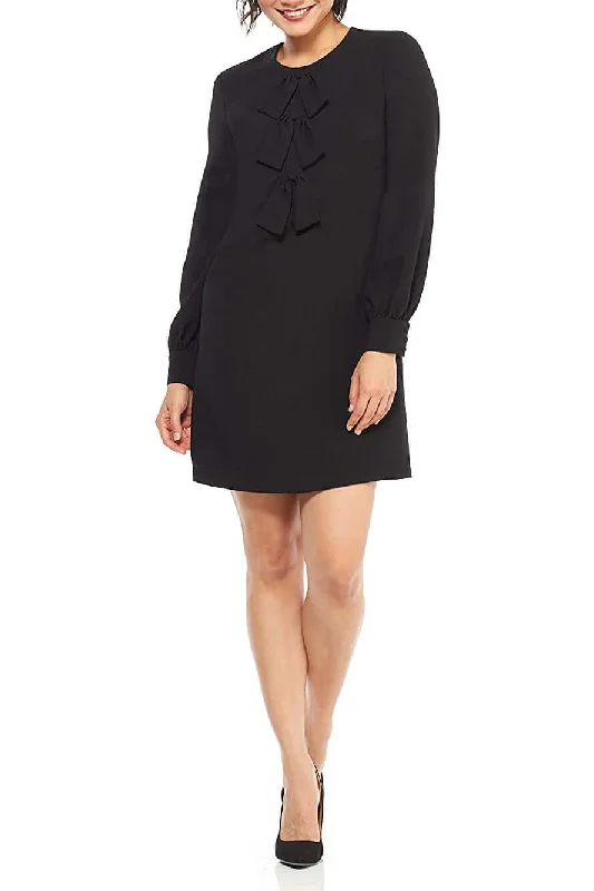 A-line DressLondon Times Crew Neck Tie Front Detail Long Sleeve Zipper Back Solid Crepe Dress