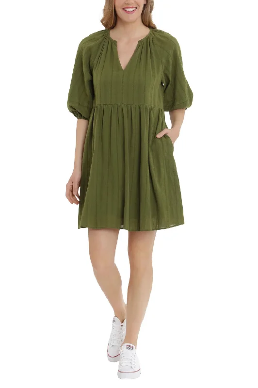 Asymmetrical DressLondon Times V-Neck 3/4 Sleeves with Elastic Hems Short Blouson Cotton Dress