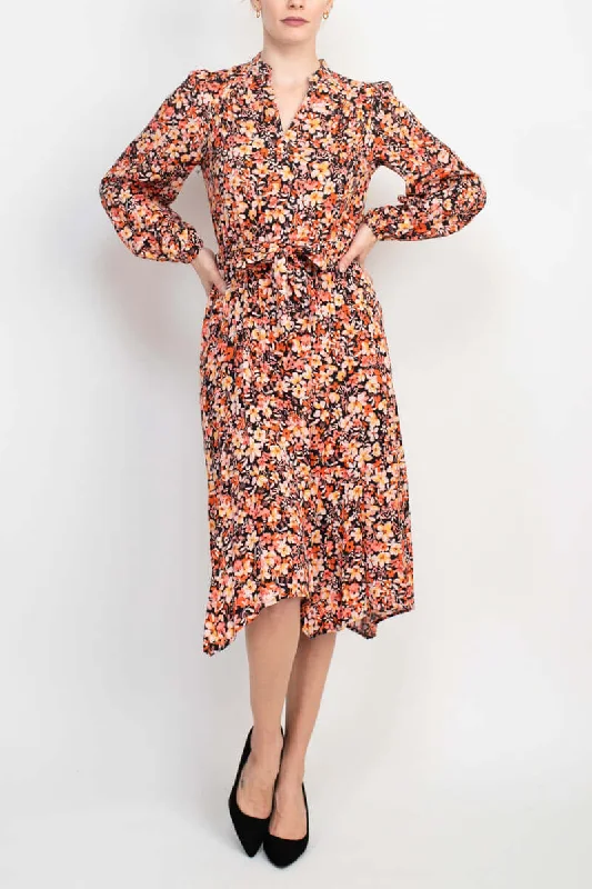 Wind DressLondon Times Split Neck Long Sleeve Elastic Cuff’s Tie Waist Ruched Back Floral Print Rayon Dress