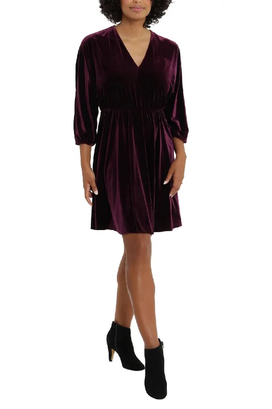 Thermal DressLondon Times V-Neck Elastic Cuff Long Sleeve Elastic Waist A-Line Velvet Dress