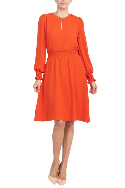 High-visibility DressCrew Neck Keyhole Long Sleeve Elastic Waist Solid Ripple Crepe Dress