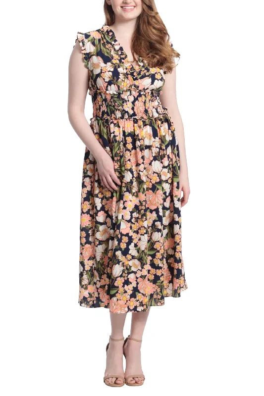 Wind DressLondon Times Ruffled V-Neck and Shoulders Elastic Waist Floral Print Bubble Crepe Dress