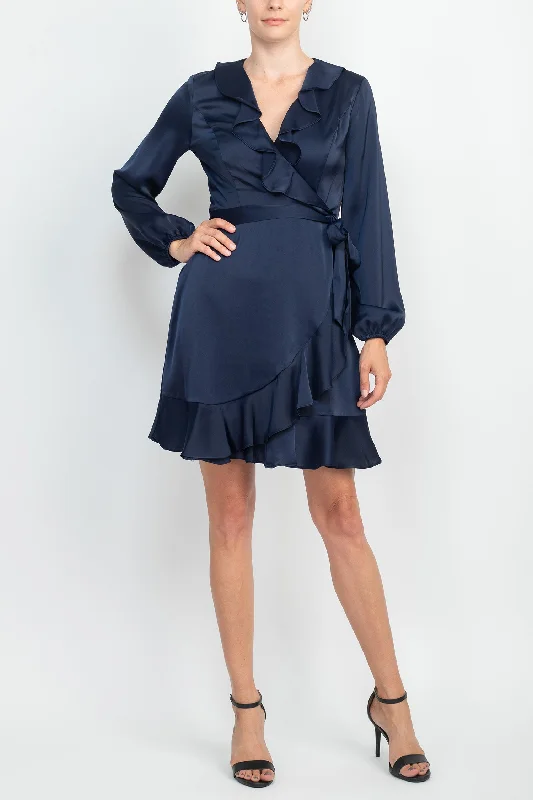 Running DressLondon Times V-Neck Bishop Sleeves Ruffled Warp Zipper Back Solid Charmeuse Dress