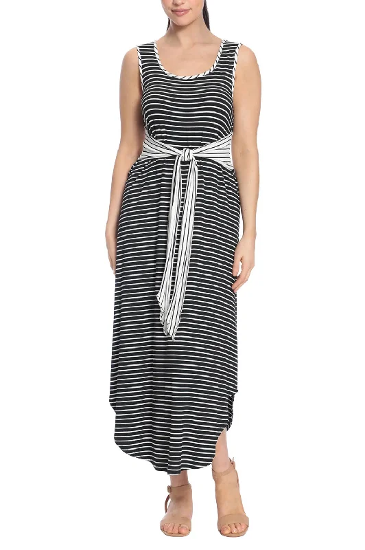 Mini DressLondon Times Scoop Nek Sleeveless Tie Waist Stripe Print Rayon Maxi Dress