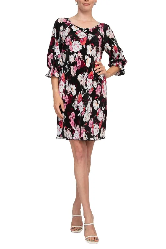 Leather DressConnected Apparel Scoop Neck 3/4 Elastic Cuff Floral Print Ribbed Chiffon Dress