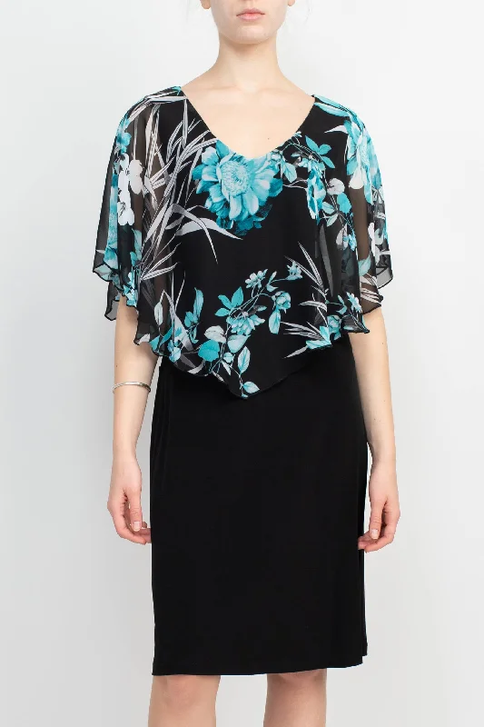 Peplum DressConnected Apparel V-Neck Floral Print Cape Sleeve Chiffon & ITY Dress