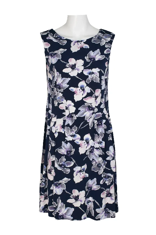 Formal DressConnected Apparel Scoop Neck Sleeveless Zipper Back Floral Print Fit & Flare Jersey Dress with Pockets