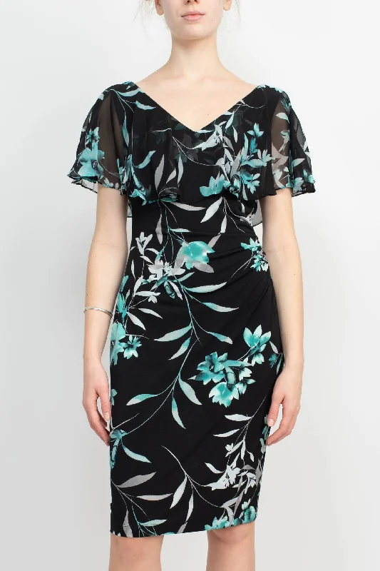 Bodycon DressConnected Apparel V-Neck Sleeveless Floral Print Chiffon Overlay Gathered Side Floral Print ITY Dress