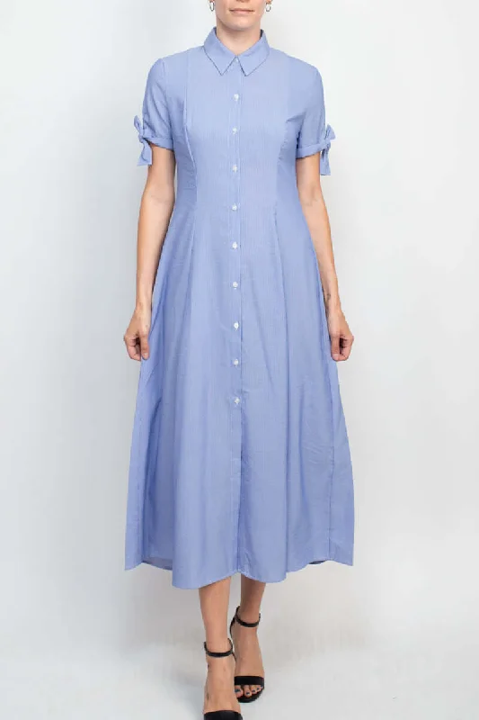 Off-the-shoulder DressT Tahari Collared Button-down Short Sleeve Ties Stripe Pattern Fit Flare Rayon Dress