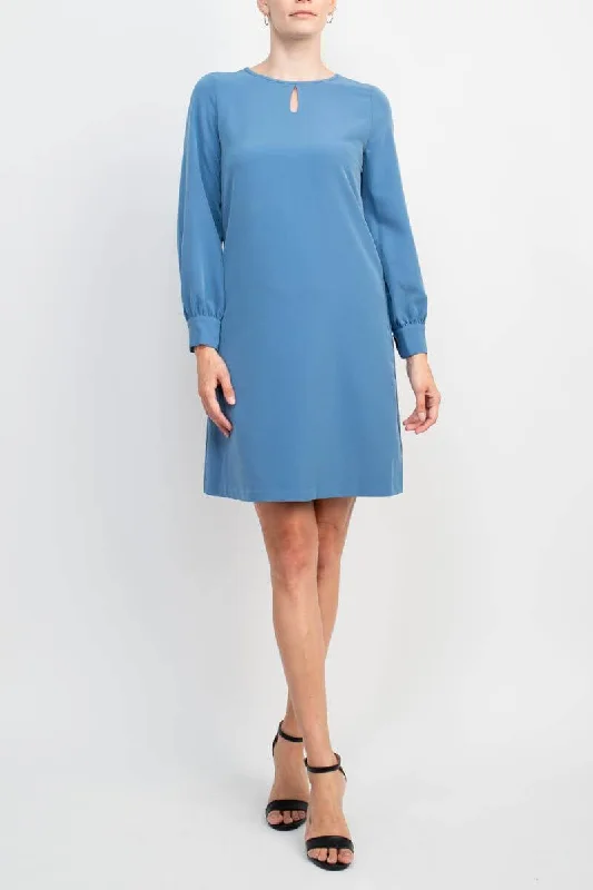 High-low DressT Tahari Crew Neck Keyhole Front Balloon Long Sleeve A-Line Stretch Crepe Dress