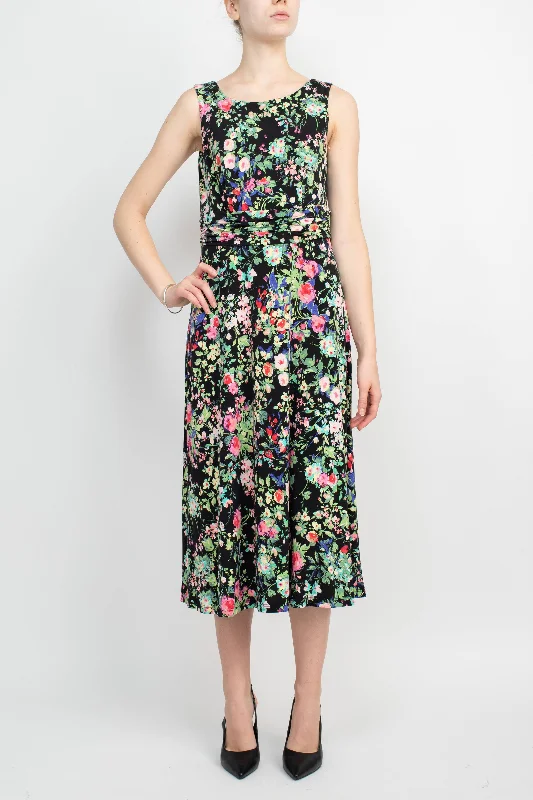 Geometric DressConnected Apparel Boat Neck Sleeveless Ruched Waist Floral Print Fit & Flare Jersey Dress