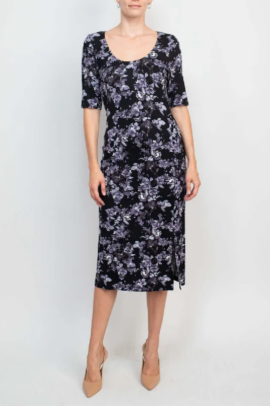 Casual DressConnected Apparel Scoop Neck 3/4 Sleeve Slit Side Floral Print Knit Dress