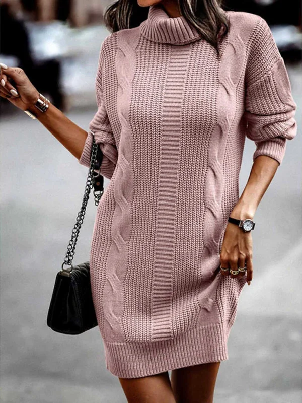 Midi DressCozy Turtleneck Jumper | Cable Knit Mid-Length Sweater Dress